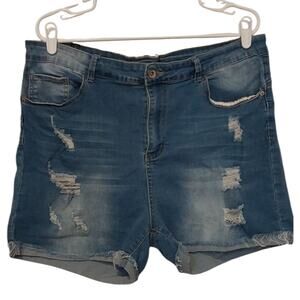 Plus Size 19/20 Jeans Shorts Woman's Distressed Raw Hem Holes Stretchy Blue Cute